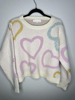 Threaded Leaf Sweater Womens Medium Cream Pastel Hearts Crewneck Pullover Fuzzy